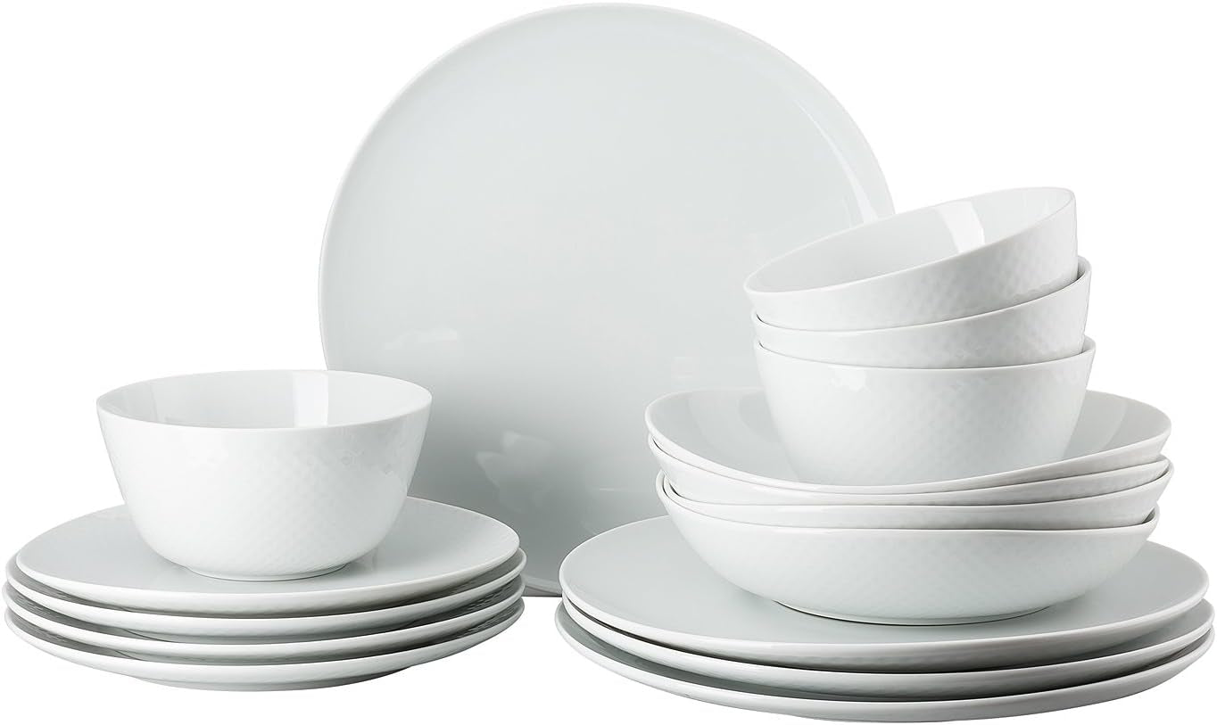 Set de veselă Rosenthal Junto White, porțelan, alb, farfurii plate, farfurii de cină Ø 22 cm, farfurii de sumă Ø 21,5 cm și boluri pentru cereale Ø 14 cm, 0,62 l, potrivit pentru mașina de spălat vase și cuptorul cu microunde, set pentru 4 persoane