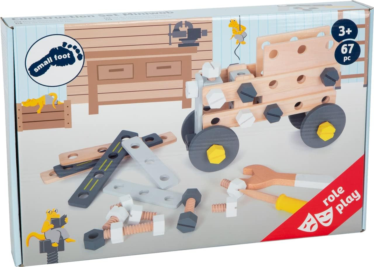 Small Foot Konstruktionsset Miniwob aus Holz, kreativer Bausatz mit Werkzeuge und Zubehör, ab 3 Jahren, 11810, szary żółty