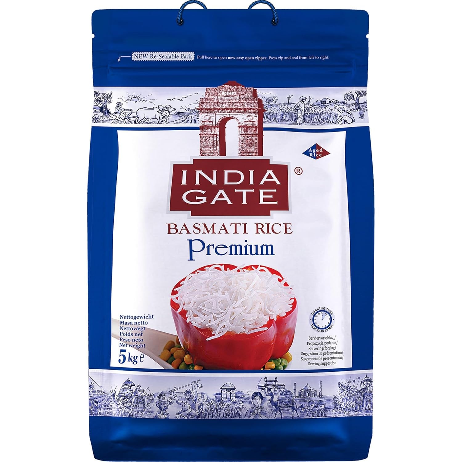 INDIA GATE Premium Basmati Rice – Długoziarnisty drobnoziarnisty, aromatyczny ryż z Indii, drobnoziarnisty długoziarnisty (1 x 5 kg)