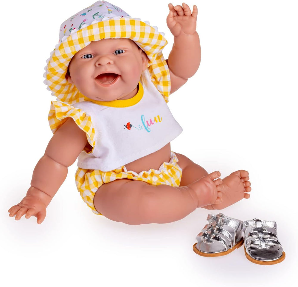 JC Toys - Lola Lemon Twist Puppe, 36 cm, miękki winyl, uśmiechnięta twarz, sitzende Puppe, Kleidung mit Vichy und Sandalen, Mädchen, 2 Jahre