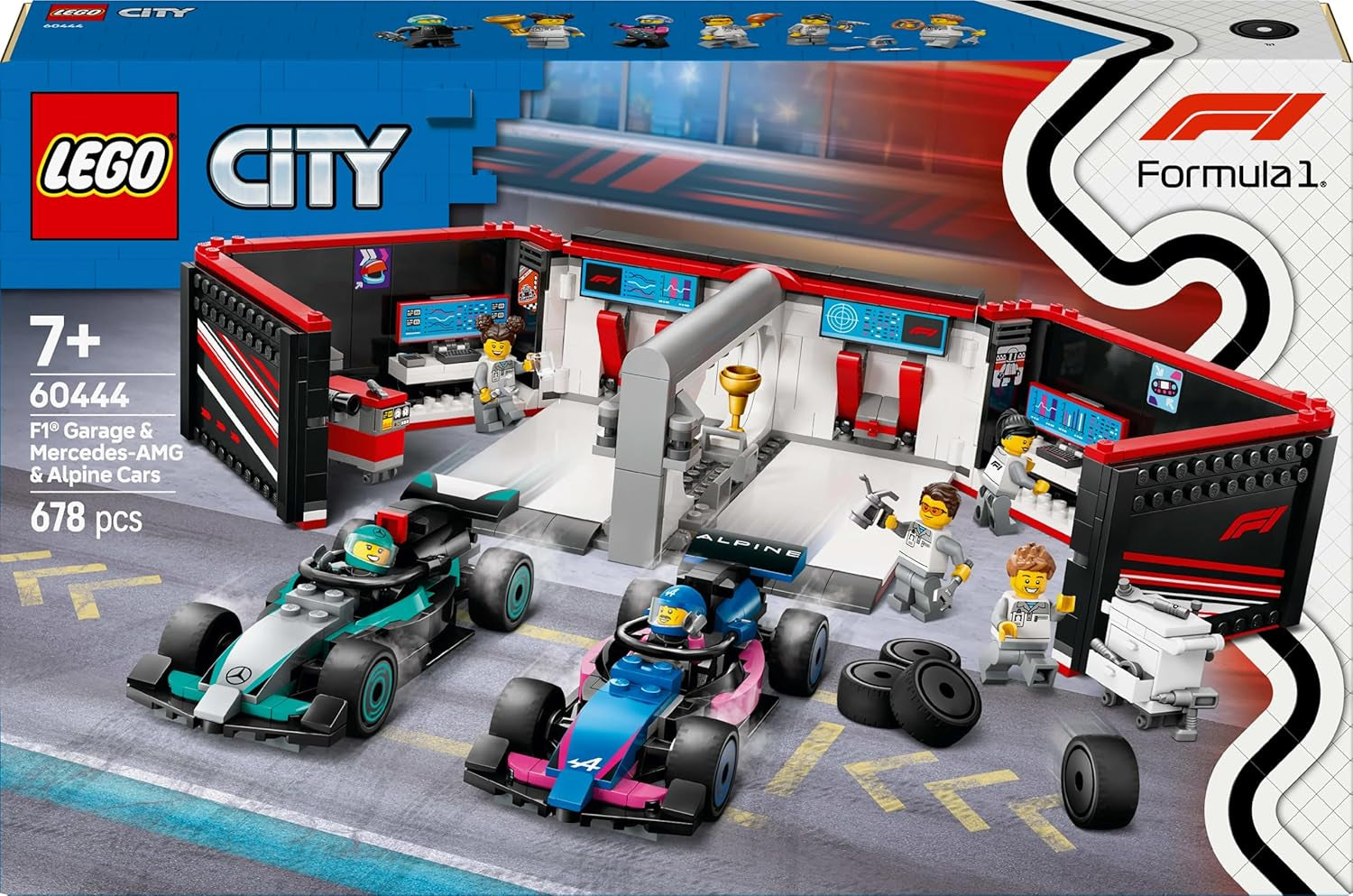 LEGO City Garaż F1 z samochodami wyścigowymi Mercedes-Amg i Alpine - Samochód wyścigowy Formuły 1 z 2 kierowcami i 4 mechanicznymi minifigurkami - Prezent dla chłopców i dziewcząt w wieku 7+ oraz fanów 60444 Besuche den LEGO-Store Zestawy konstrukcyjne