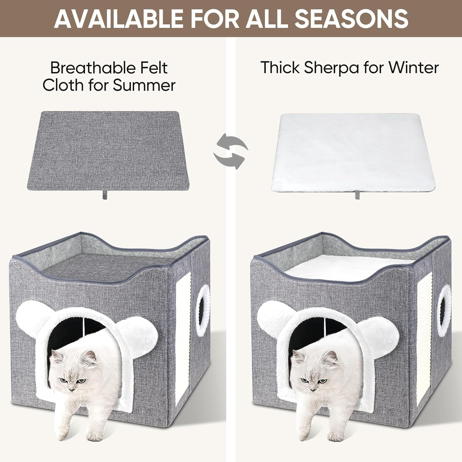 Katzenbetten für Indoor Katzen, Faltbares Katzenhaus, Katzenhöhle 2 Schicht Würfel Großer Raum Katzenbett mit Kratzbrett und Spielball, 15.8 x 15.8 x 15inches