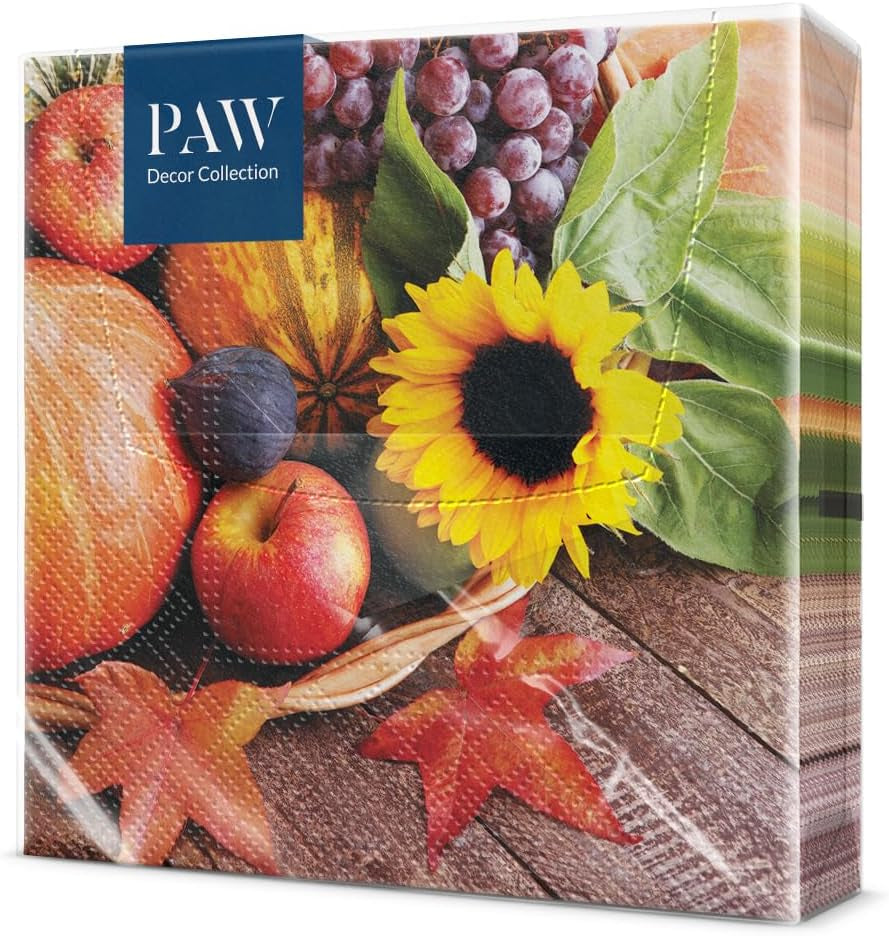 PAW - Șervețele 3 straturi (33 X 33 Cm) I 20 bucăți I Perfect pentru zile de naștere, petreceri, întâlniri I Decorațiuni de toamnă pentru masă I Șervețele de hârtie colorate - frunze de toamnă de umbrelă I Frunze de umbrelă
