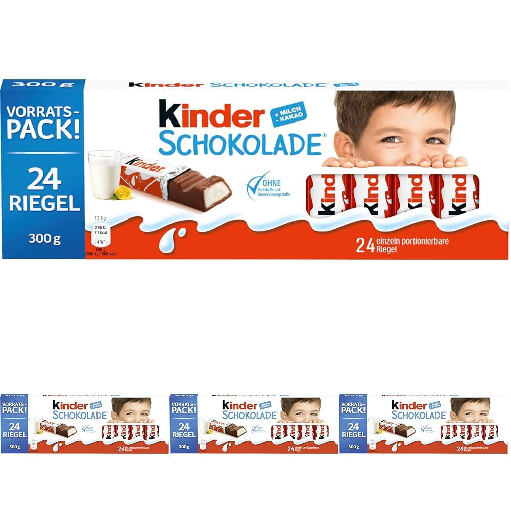 Kinder Chocolate - Nadziewane batoniki mlecznej czekolady - 1 opakowanie zawierające 24 pojedyncze batoniki (24 x 12,5 g).