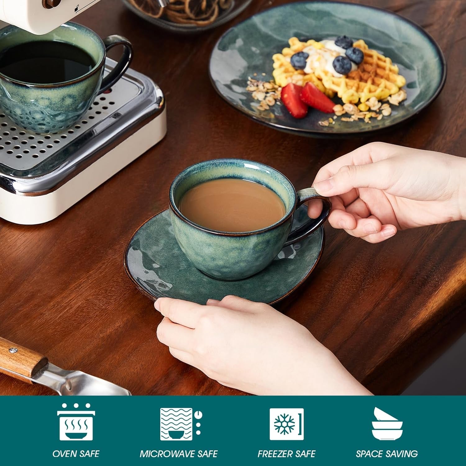 Serviciu de cafea Vancasso din gresie, set de cafea STARRY cu 12 piese pentru 4 persoane, include cești de cafea și farfurioare, aspect vintage