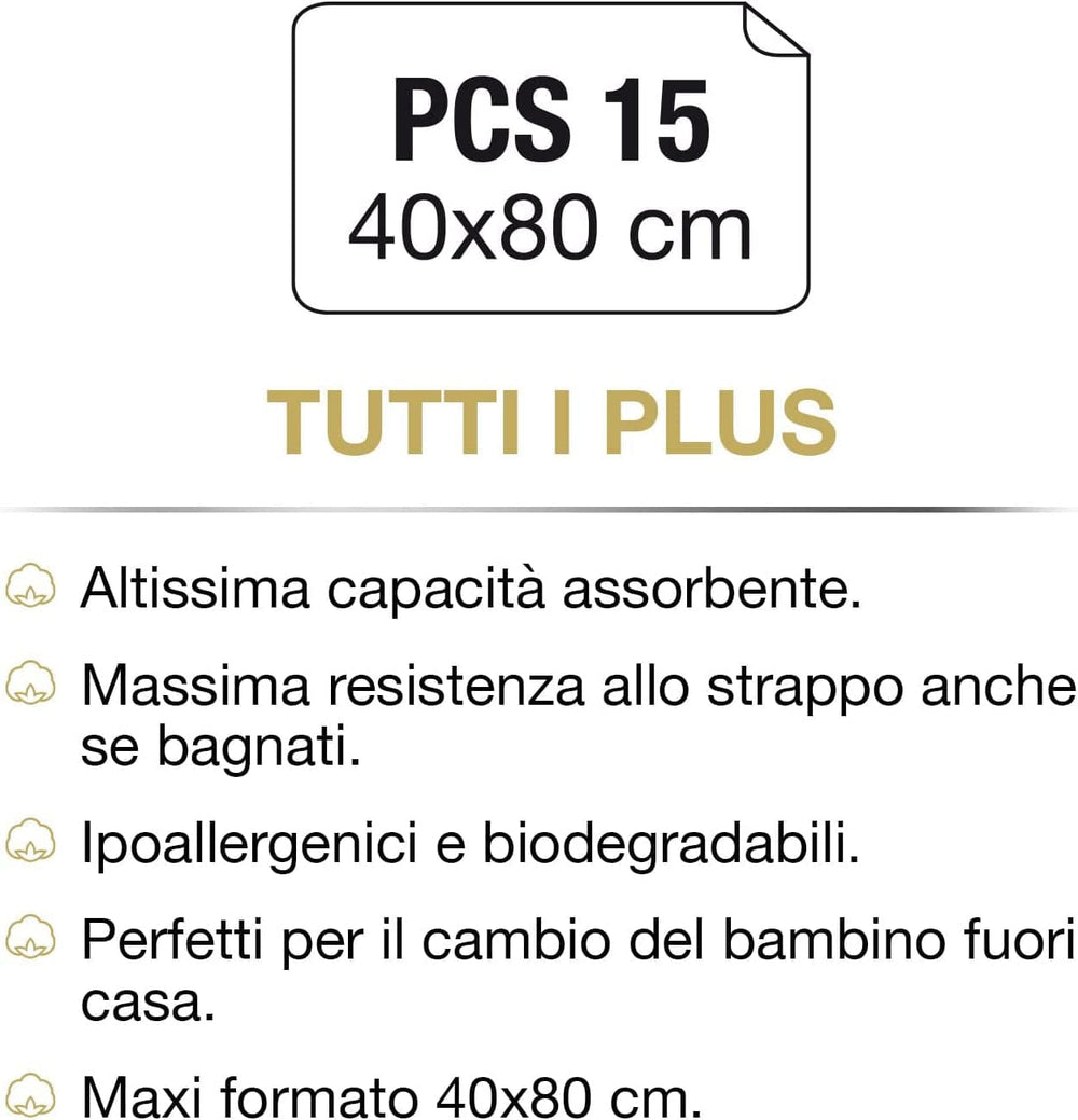Podpaski higieniczne GOLD BABY, 15 szt., dziecięce, 100% bawełna hydrofilowa, 40 x 80 cm, hipoalergiczne i biodegradowalne, testowane dermatologicznie, wyprodukowane we Włoszech Chusteczki nawilżane dla niemowląt Naty Shop