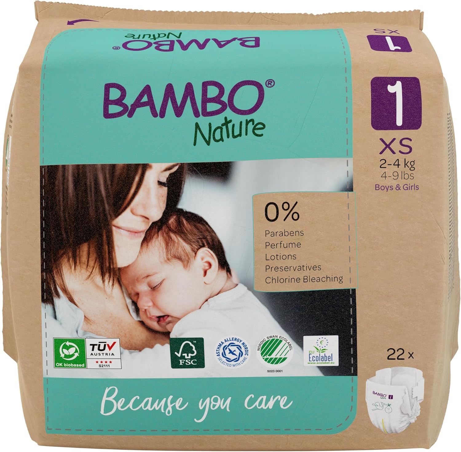 Pieluszki dziecięce Bambo Nature, rozmiar 1 (2-4 kg), 132 sztuki w pudełku miesięcznym | Pieluszki Premium ze zwiększoną ochroną przed wyciekami | Najwyższy komfort i swoboda dla noworodków | Pieluchy testowane dermatologicznie
