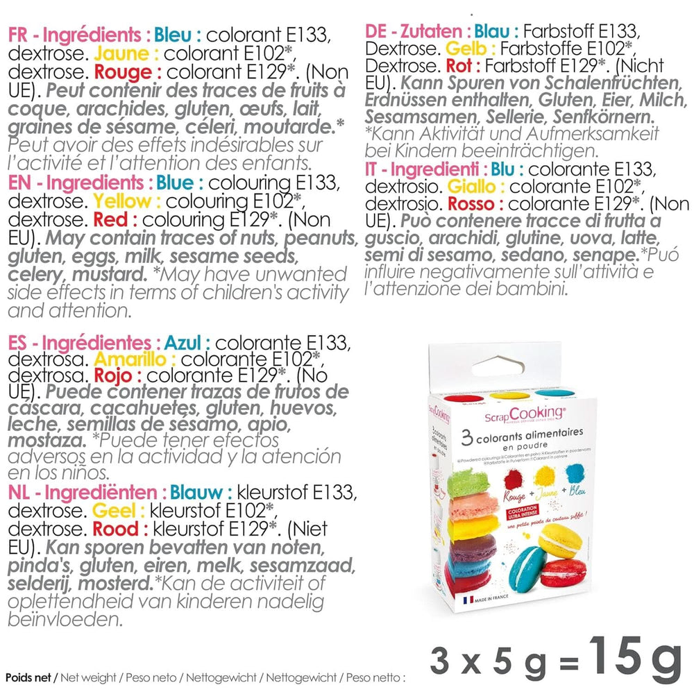 ScrapCooking, Zestaw 3 barwników spożywczych w proszku - czerwony, żółty, niebieski, 3 x 5 gramów Naty Shop