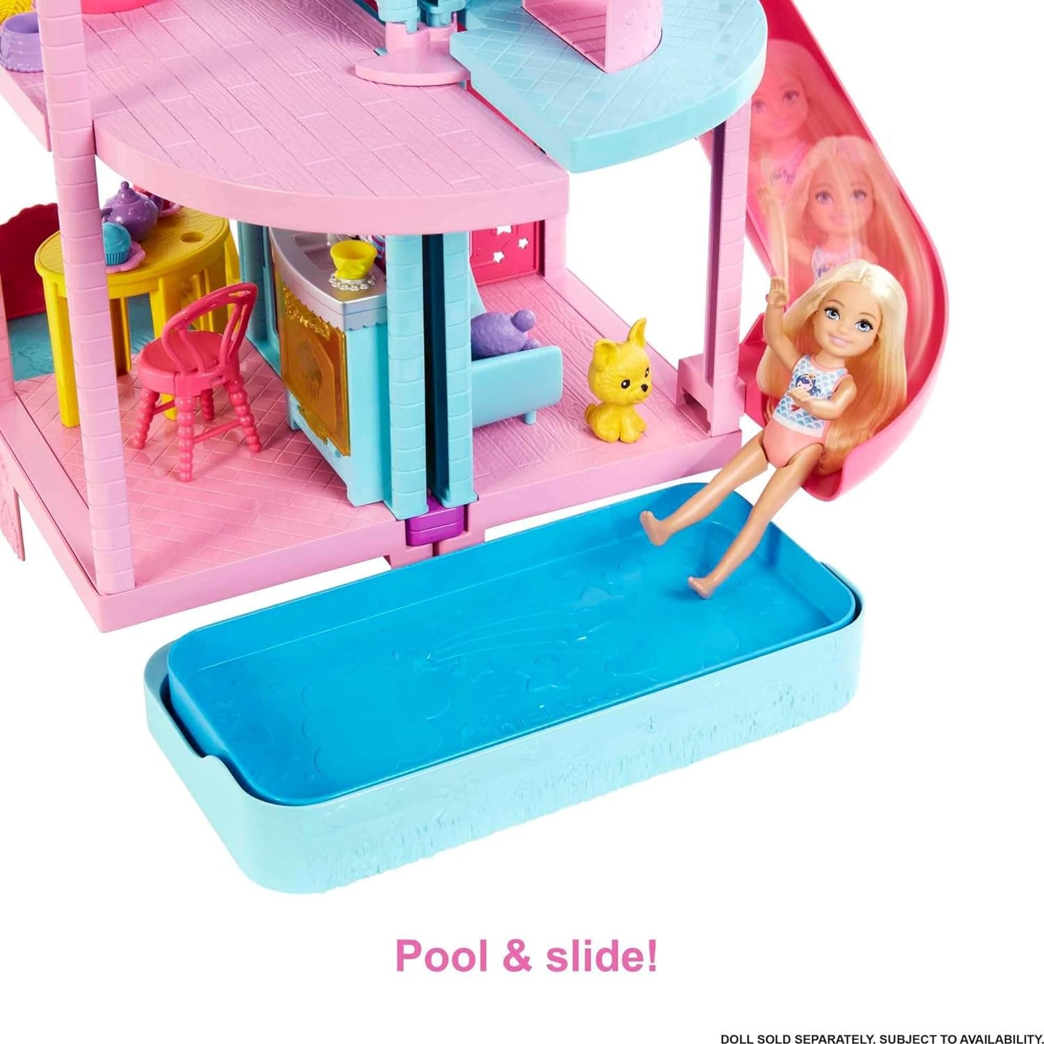 Căsuța de joacă Barbie Chelsea - 3 etaje cu funcție de transformare, zone de joacă secrete, lift, piscină, tobogan, 2 animale de companie și peste 20 de accesorii, pentru copii de la 3 ani în sus, HHX44
