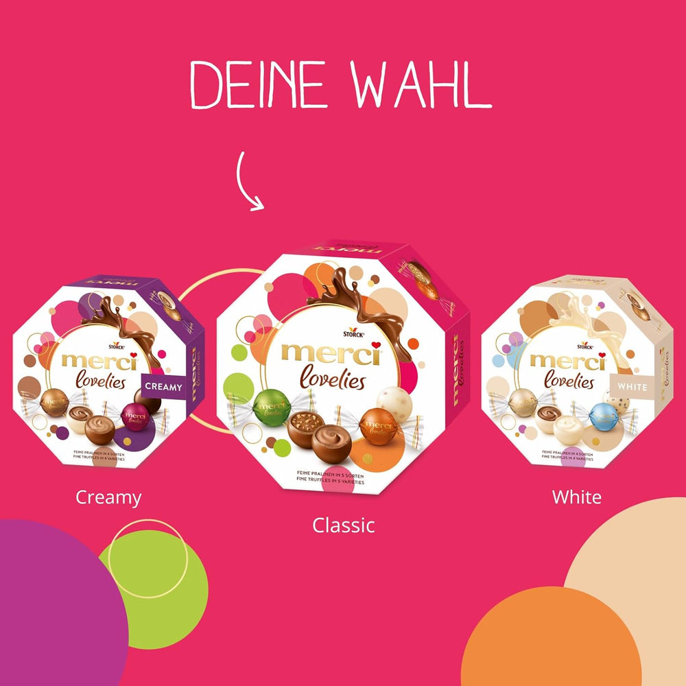 merci lovelies Classic – 1 x 185 g – Pudełko pralin z 5 nadziewanymi specjałami czekoladowymi – Kulki czekoladowe do dzielenia się i dawania w prezencie