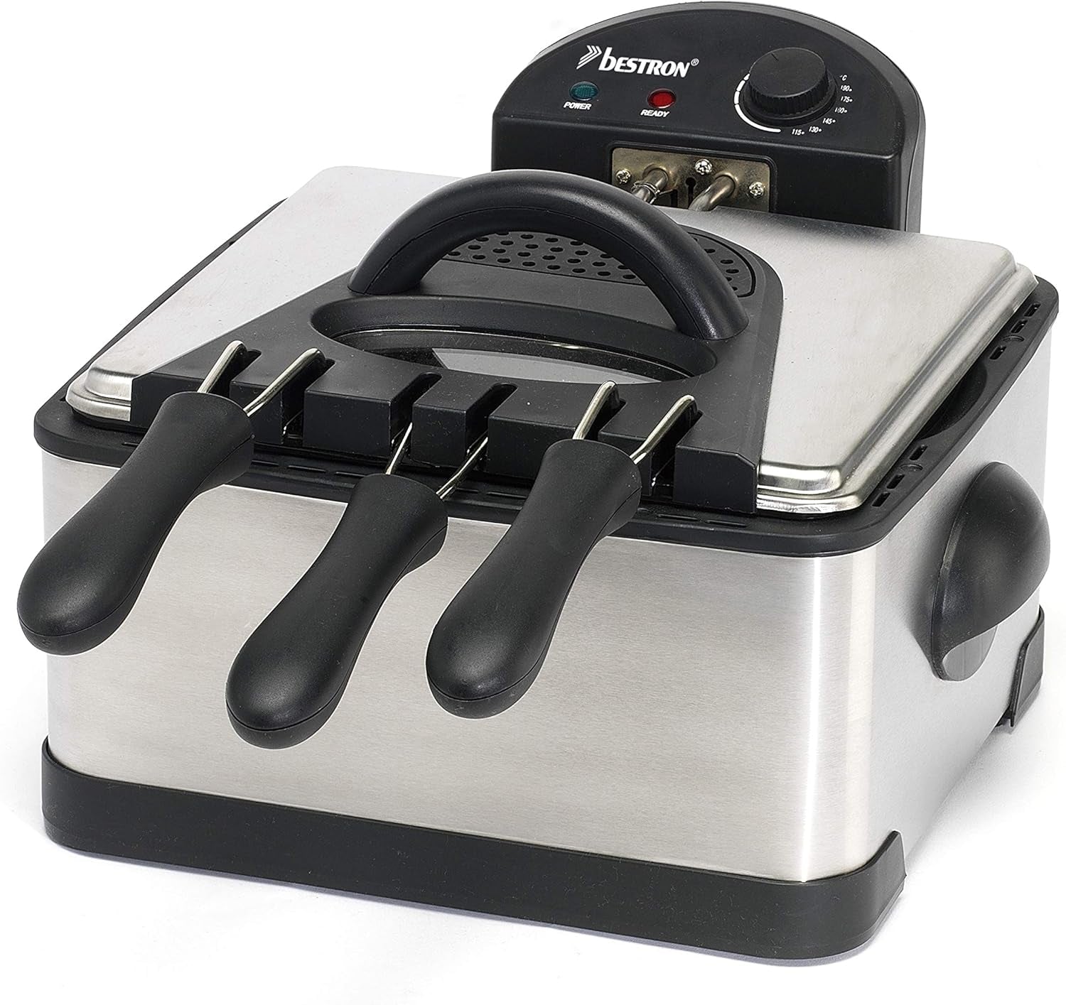 Frytownica olejowa Bestron XL z 3 koszami do smażenia, z technologią zimnej strefy i wyjmowanym zbiornikiem na olej, 4 litry, 2000 W AGD Naty Shop Silver