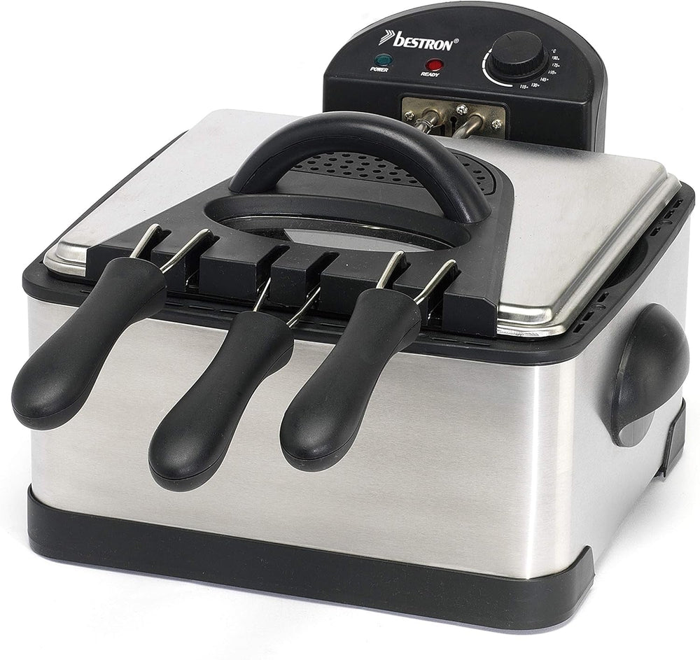 Frytownica olejowa Bestron XL z 3 koszami do smażenia, z technologią zimnej strefy i wyjmowanym zbiornikiem na olej, 4 litry, 2000 W AGD Naty Shop Silver