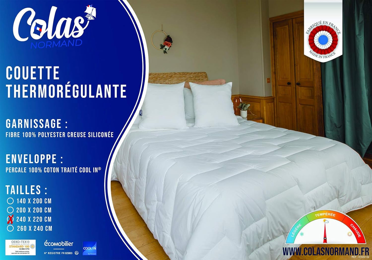 Plapumă termoregulatoare, Temperată, 240 X 220 Cm, Transpirație, Ventilație optimă, 100% bumbac, Percale, Fresh Feel, Franceză Plapumi si pilote Naty Shop