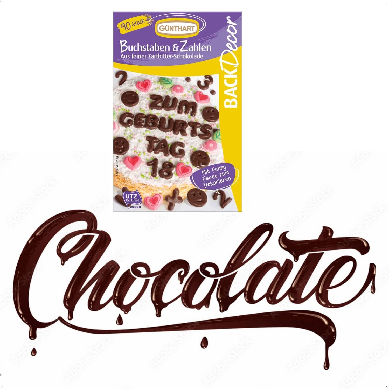 Günthart Backdecor, 90 kawałków czekoladowych liter, alfabetu i cyfr w delikatnej ciemnej czekoladzie, 47 gramów Naty Shop