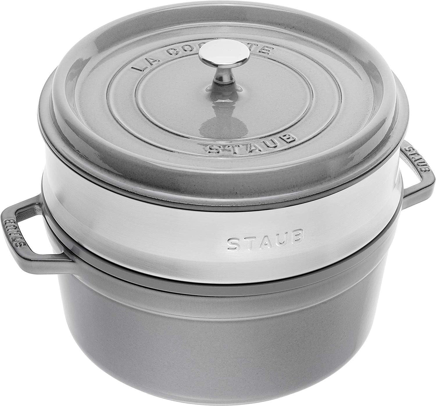 STAUB Gusseisen Bräter/Cocotte, Mit Dämpfeinsatz Aus Edelstahl, Rund 26 Cm, 5,2 L, Aromaregen Funktion Für Optimale Befeuchtung, Für Alle Herdarten Inkl. Indukcja i Backofen, Kirschrot, Rot Formy i blachy do pieczenia Naty Shop Graphitgrau