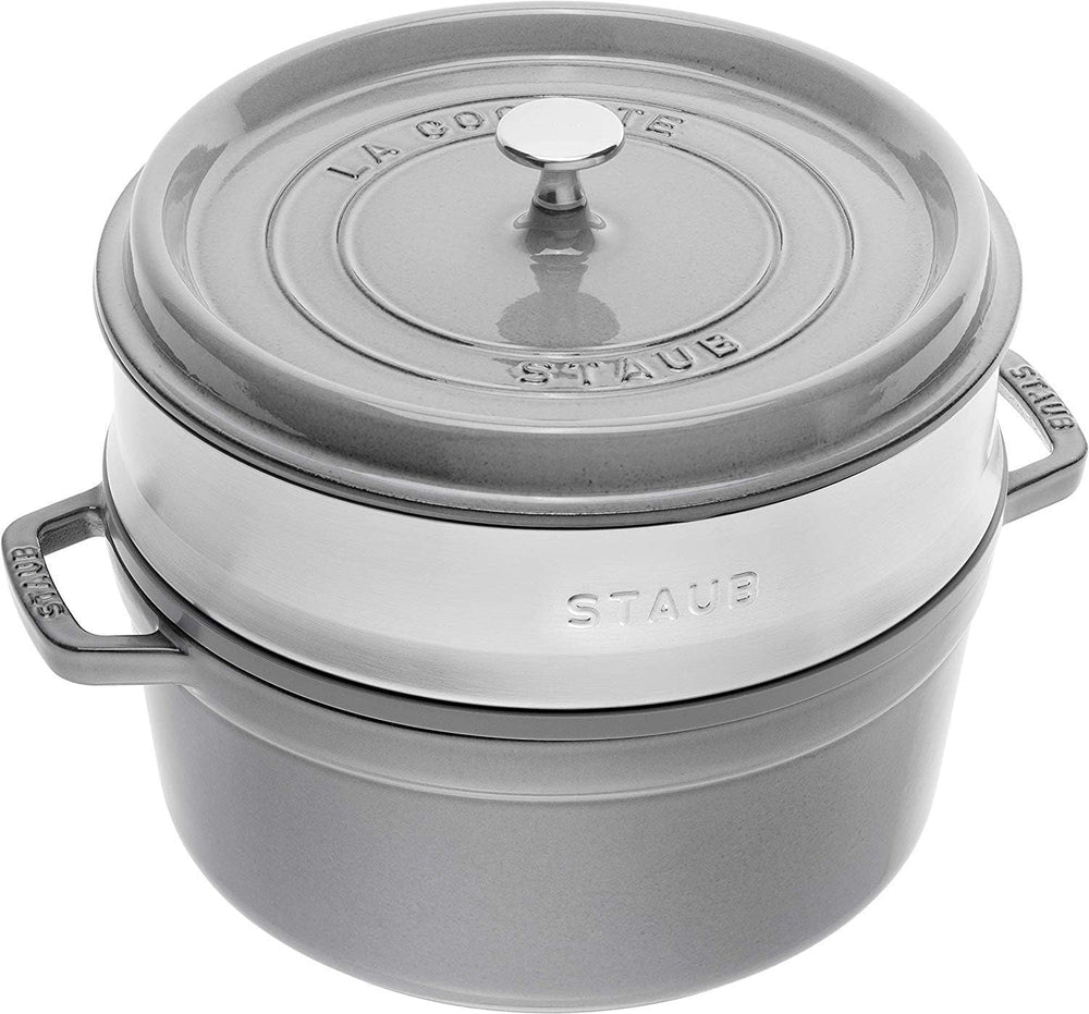 STAUB Gusseisen Bräter/Cocotte, Mit Dämpfeinsatz Aus Edelstahl, Rund 26 Cm, 5,2 L, Aromaregen Funktion Für Optimale Befeuchtung, Für Alle Herdarten Inkl. Indukcja i Backofen, Kirschrot, Rot Formy i blachy do pieczenia Naty Shop Graphitgrau