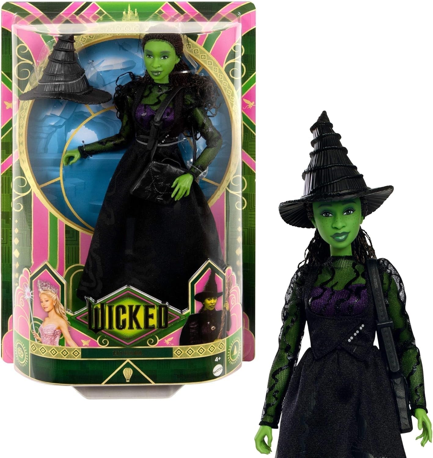 Mattel Wicked Modna lalka Elphaba i akcesoria z zieloną skórą, czarnymi warkoczami, różnymi możliwymi pozami i wysuwanym wyglądem sukni balowej, HXT62, [wielokolorowy] Domyślny tytuł lalki Naty Shop