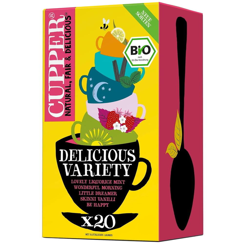 Set de ceaiuri bio Cupper Delicious Variety, 20 sortimente diferite de ceaiuri din plante și fructe, 20 pliculețe de ceai nealbite