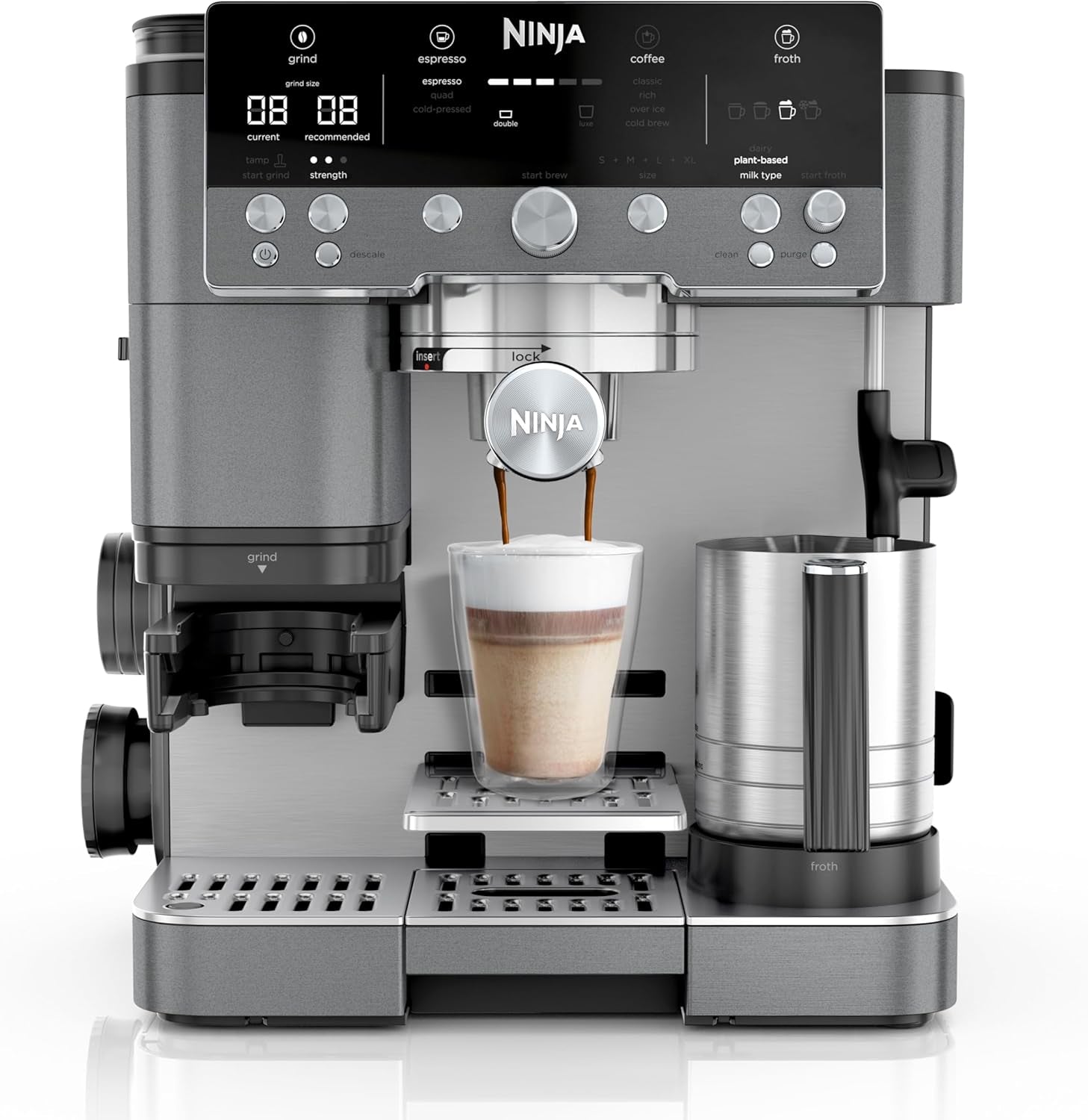 Aparat de cafea Ninja Luxe Pro 3 în 1 cu râșniță și spumator pentru latte, cappuccino, Cold Brew și espresso, ușor de utilizat, 5 presetări pentru spumator, argintiu, ES701EU