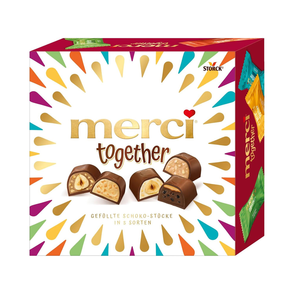 Merci Together - 1 x 175 g - Czekoladki nadziewane w pięciu odmianach z delikatną mleczną czekoladą - Praliny czekoladowe do dzielenia się i dawania w prezencie