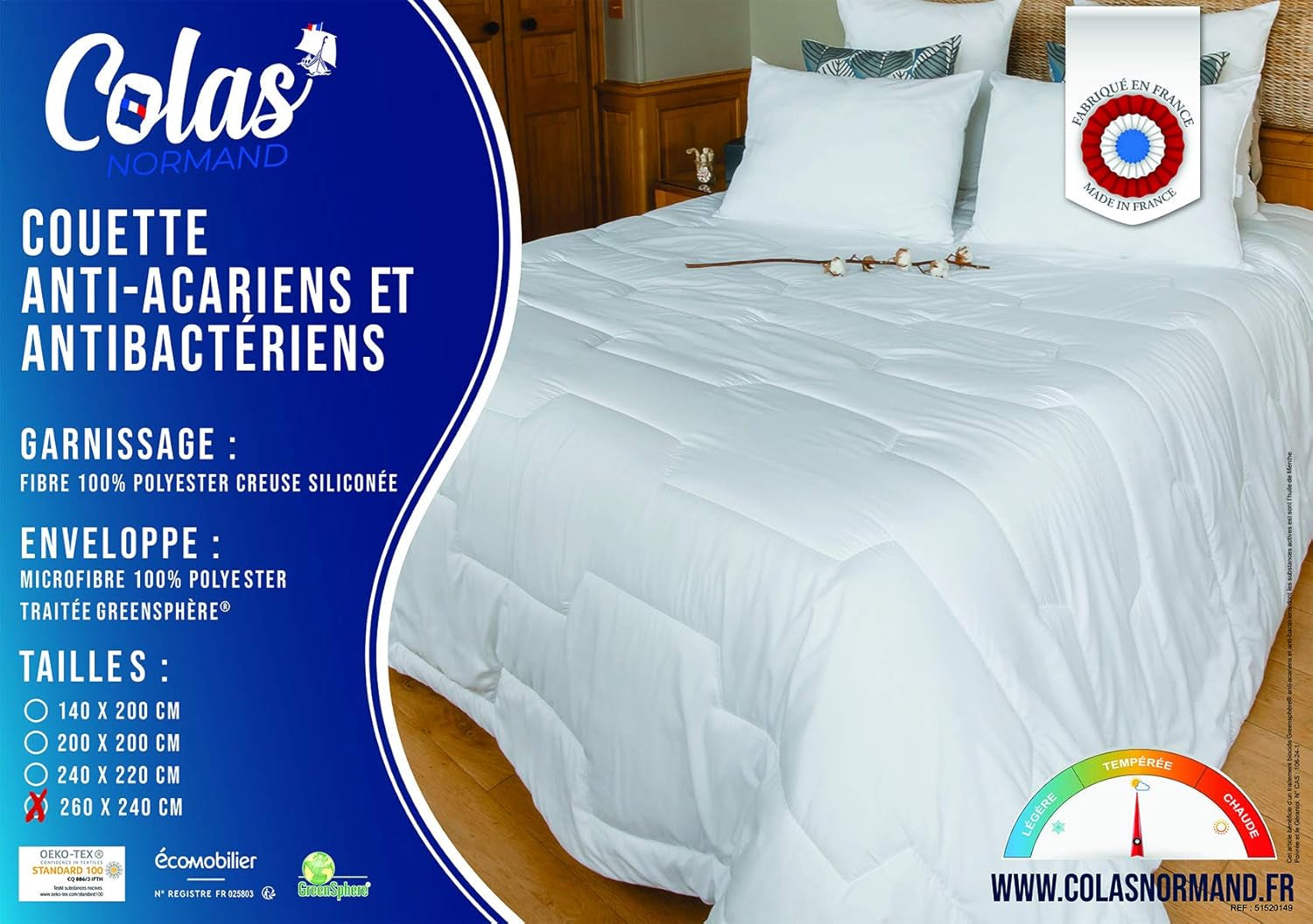 Plapumă COLAS NORMAND, antiacarieni și antibacteriană, ușoară, 260 X 240 cm, efect de lungă durată, igienă perfectă, microfibră, moale și confortabilă, lavabilă, albă 53130250 Plapumi si pilote Naty Shop