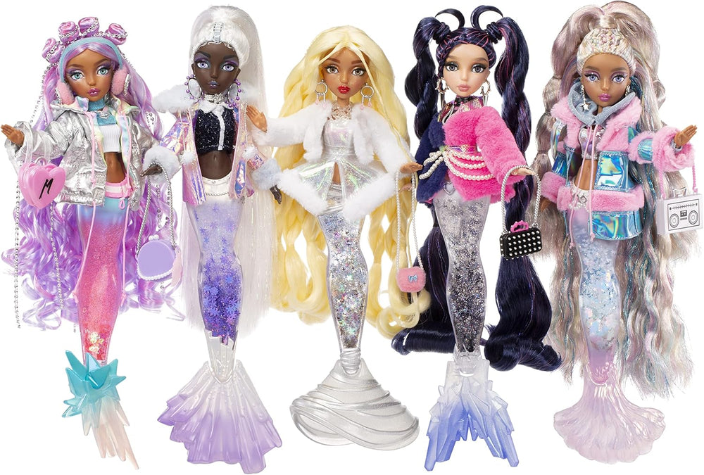Mermaze Mermaidz™ Winter Waves Crystabella™ Meerjungfrau-Modepuppe z Farbwechsel-Flosse, glicernem Schwanz i Zubehör