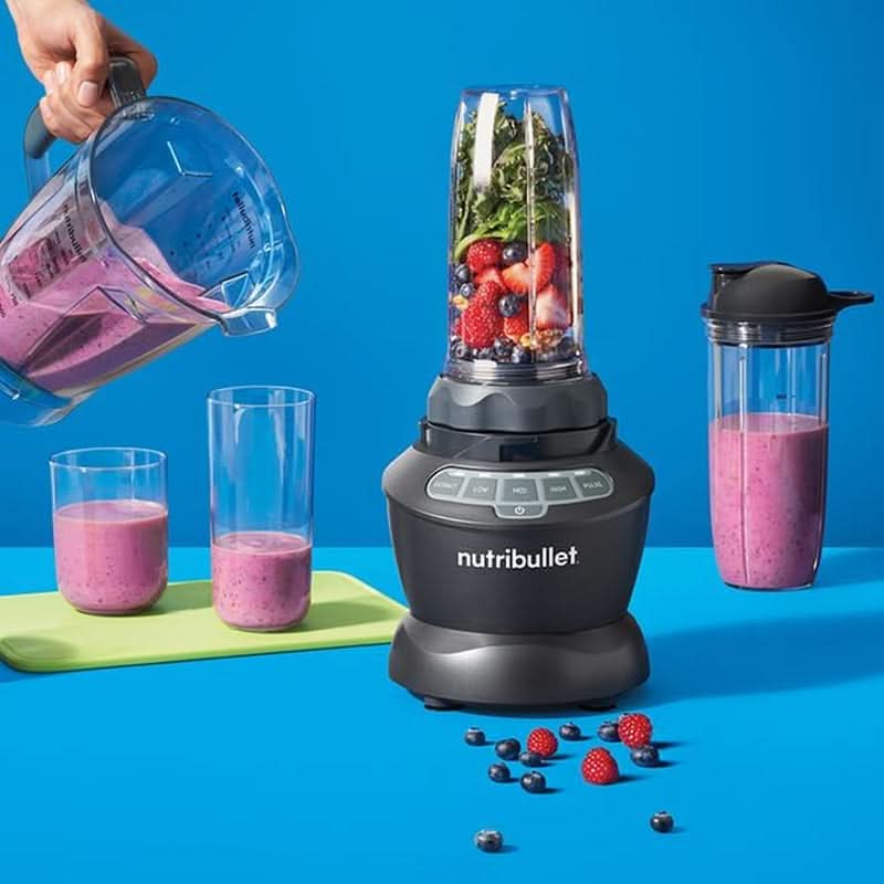 Pełnowymiarowy blender Nutribullet, mikser Elektrischer, wielofunkcyjny mikser Stabmixer, mikser Professioneller, 1000 Watt Leistung, 1,6 l Becher, Grau, NBF450DG Kitchen Naty Shop