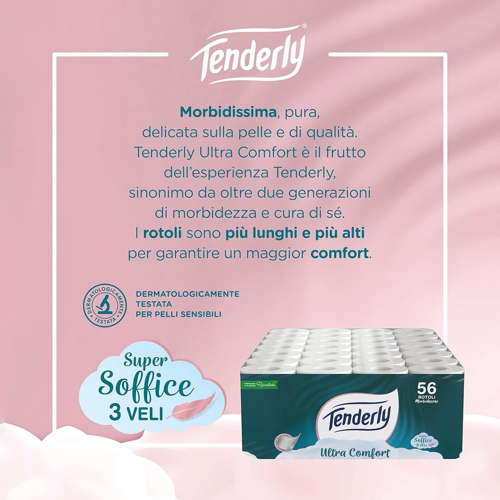 Ultracomfort, hârtie igienică cu 3 straturi, 56 role de hârtie igienică foarte moale și pură, testată dermatologic pentru pielea sensibilă, confort și delicatețe garantate