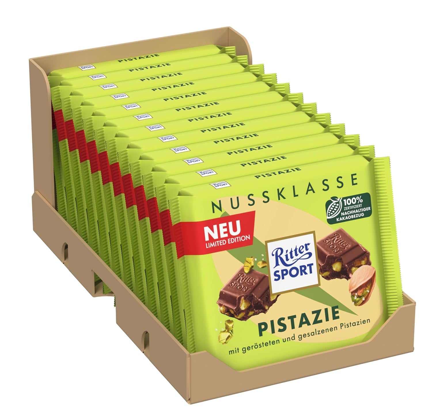 Ritter Sport Pistachio, mleczna czekolada z drobnymi kawałkami pistacji, czekoladowy klasyk, idealna na przekąskę i delektowanie się, świetny pomysł na prezent, 12 batonów x 100g