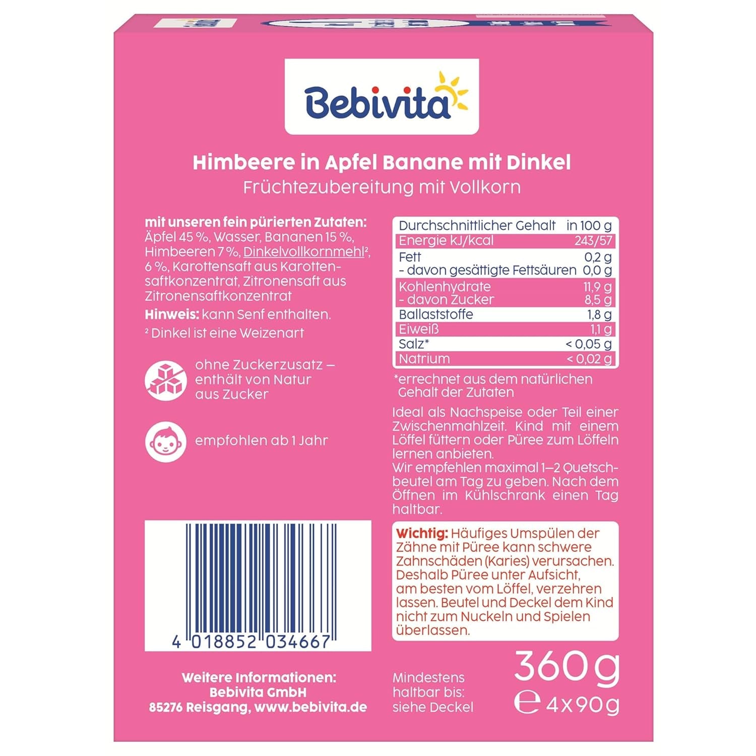 Saszetki wyciskane Owoce, Maliny, Jabłka, Banany i Orkisz - 16 sztuk (opakowanie po 4 sztuki, 4 x 90g każda), bez dodatku cukru, wykonane z miękkich owoców i pełnowartościowych ziaren, idealne jako przekąska na wynos i do spożycia własnego