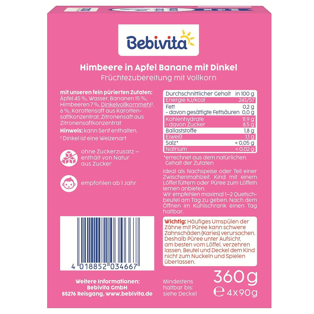 Saszetki wyciskane Owoce, Maliny, Jabłka, Banany i Orkisz - 16 sztuk (opakowanie po 4 sztuki, 4 x 90g każda), bez dodatku cukru, wykonane z miękkich owoców i pełnowartościowych ziaren, idealne jako przekąska na wynos i do spożycia własnego