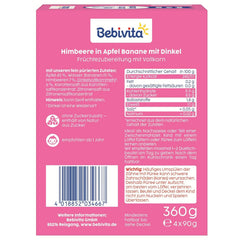 Saszetki wyciskane Owoce, Maliny, Jabłka, Banany i Orkisz - 16 sztuk (opakowanie po 4 sztuki, 4 x 90g każda), bez dodatku cukru, wykonane z miękkich owoców i pełnowartościowych ziaren, idealne jako przekąska na wynos i do spożycia własnego