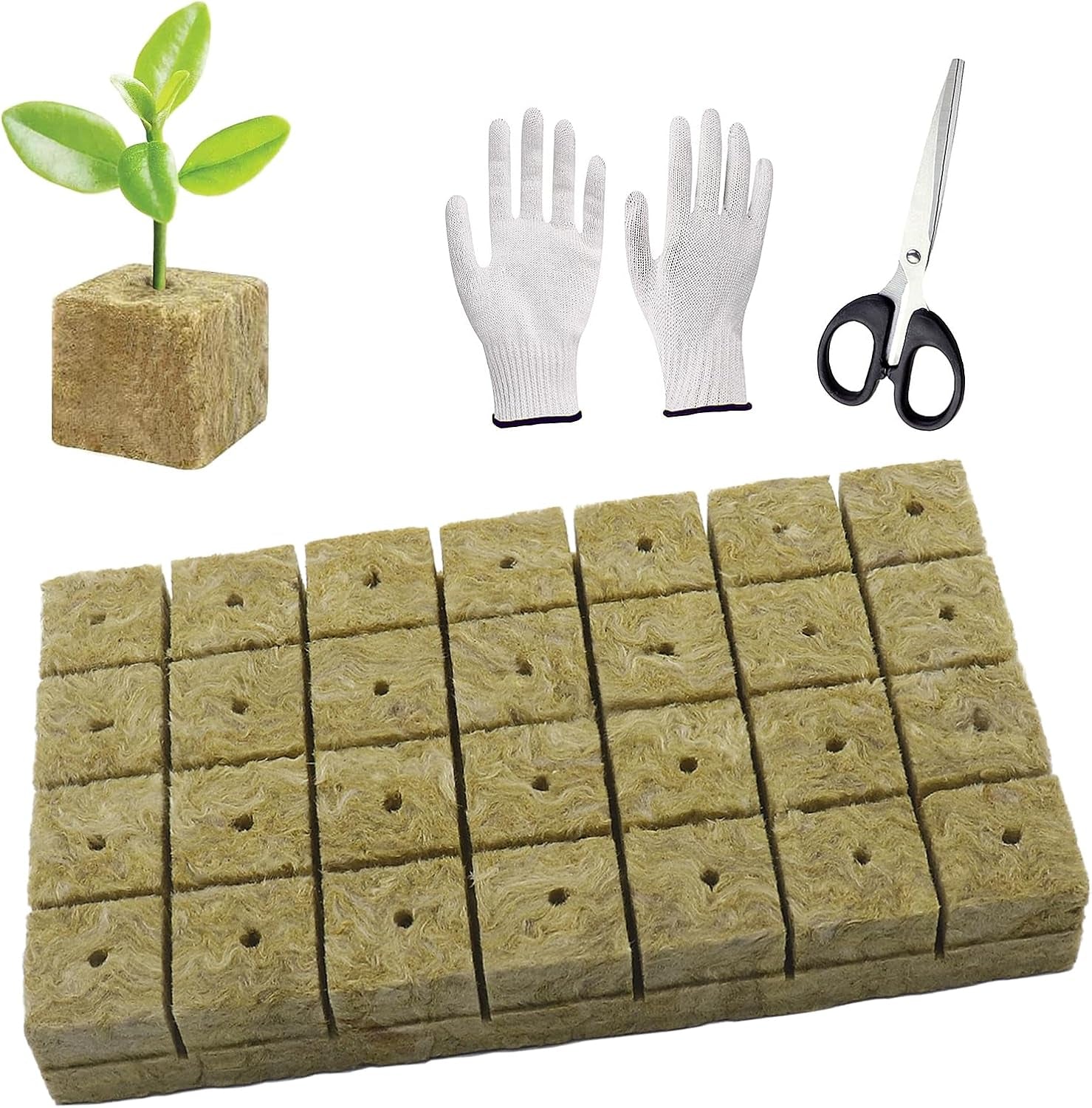 50 szt. Maty do uprawy z wełny mineralnej, kostki wełny mineralnej, izolacji z wełny mineralnej, maty do uprawy z wełny mineralnej z nożyczkami i rękawiczkami do uprawy bezglebowej, hydroponiki i przesadzania
