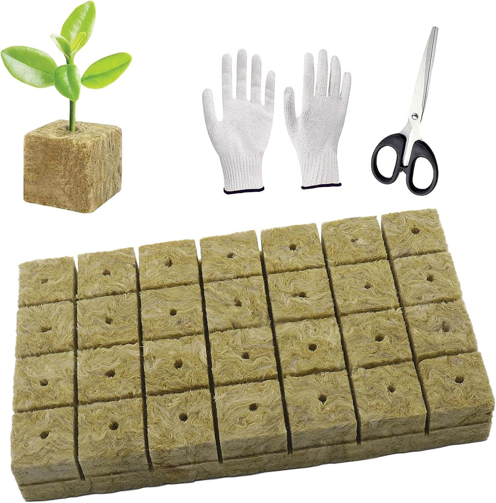 50 szt. Maty do uprawy z wełny mineralnej, kostki wełny mineralnej, izolacji z wełny mineralnej, maty do uprawy z wełny mineralnej z nożyczkami i rękawiczkami do uprawy bezglebowej, hydroponiki i przesadzania