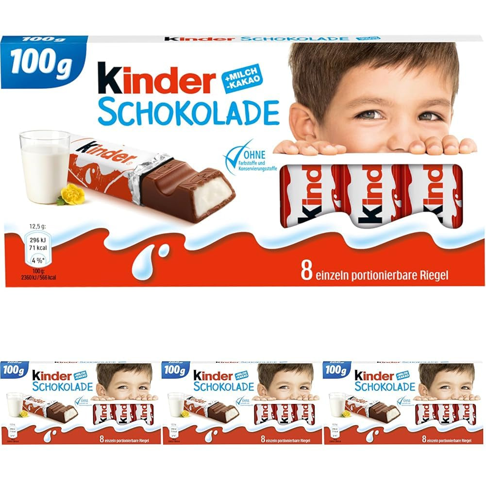 Kinder Chocolate - Nadziewane batoniki mlecznej czekolady - 1 opakowanie zawierające 24 pojedyncze batoniki (24 x 12,5 g).