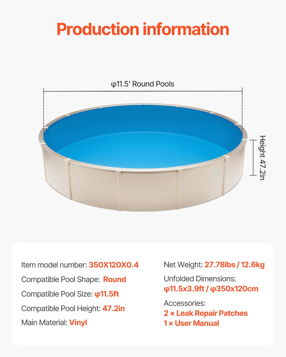 VEVOR Runde Poolfolie, φ350x120 cm, Innenfolie, Ersatzfolie, Innenhülle, Schwimmbadfolie Unibead-Stil Standard-Vinylfolie, verschleißfest, für Aufstellpools mit 120 cm Wandhöhe, einfarbig