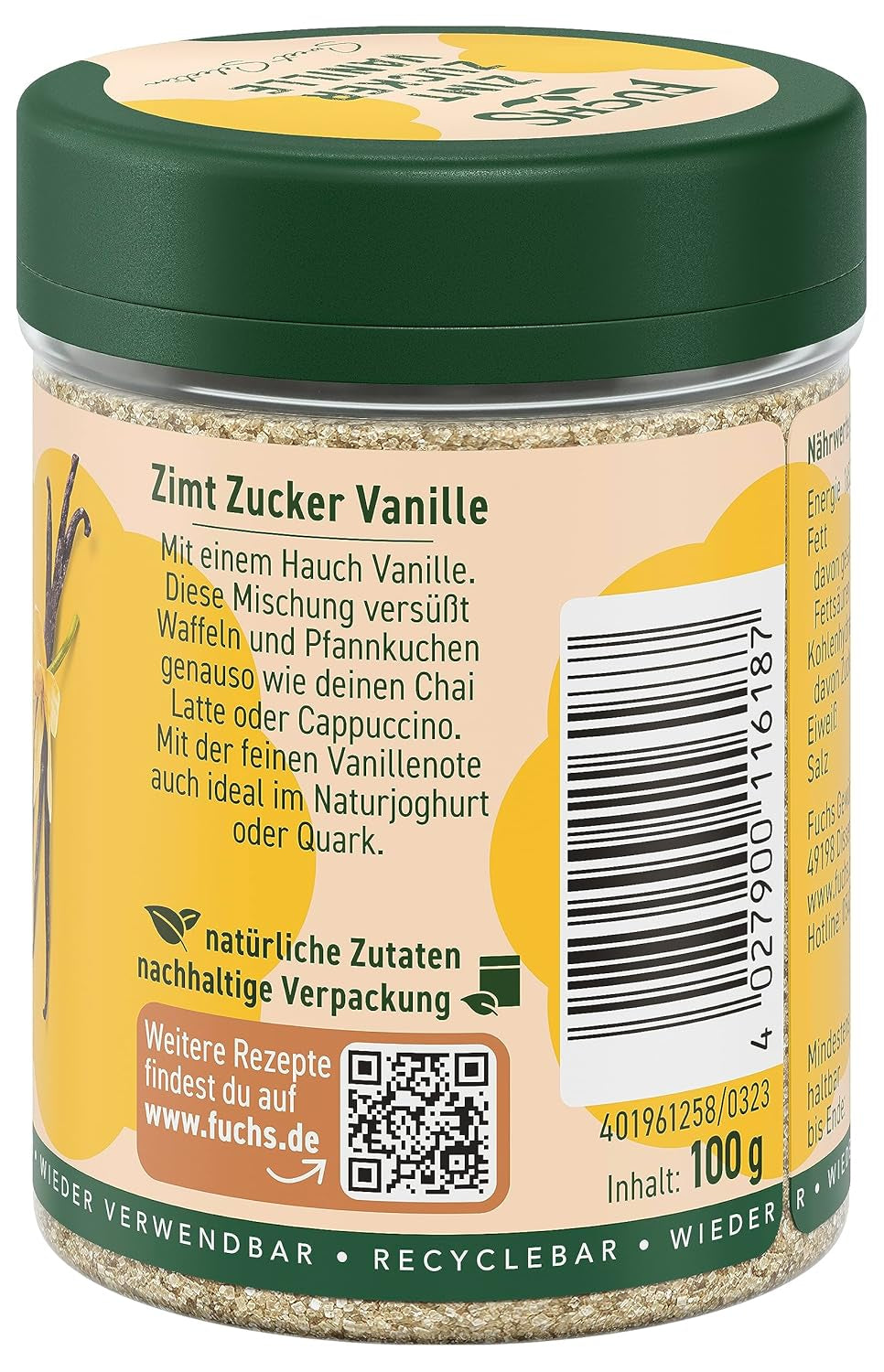 Fuchs Gewürze - Zimt Zucker Vanille - Gewürz zum Versüßen von Wafeln, Milchgetränken oder Joghurt - aus natürliche Składnik - 100 g w wiederverwendbarer, recyclebarer Dawka