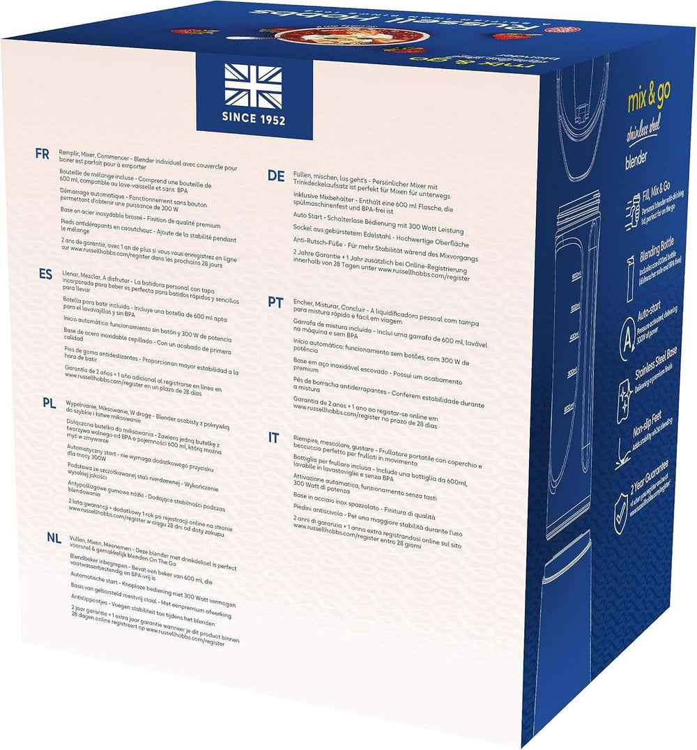 Russell Hobbs Mixer — Mikser stojący i urządzenie do przygotowywania smoothie na wynos [silnik o mocy 23 500 U/min] Inkl. 1X Mixbehälter 600Ml (Bpa-Frei, Spülmaschinen- & Bruchfest Inkl. Deckel) Zerkleinerer, Edelstahl, 23472-56 Kitchen Naty Shop