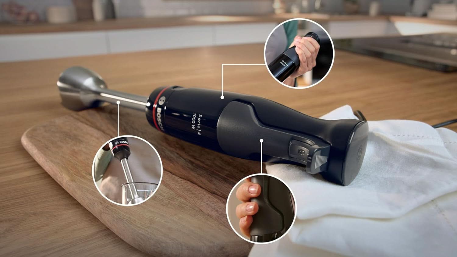 Mikser stojący Bosch Ergomaster Serie 4, 1000 W, Edelstahl-Mixstab, Zerkleinerer, Mix-/Messbecher, Schwarz Kitchen Naty Shop