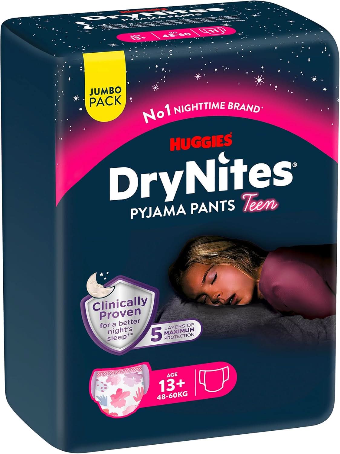 Huggies Drynites Nachtwindeln Bei Bettnässen, Für Mädchen Ab 13 Bis Ca. 17 Jahre (48-60 KG), 33 Stück (3X11), Jumbo-Monatspack, Pieluszki-Majtki XL Akcesoria Żywność i karmienie piersią Baby Naty Shop