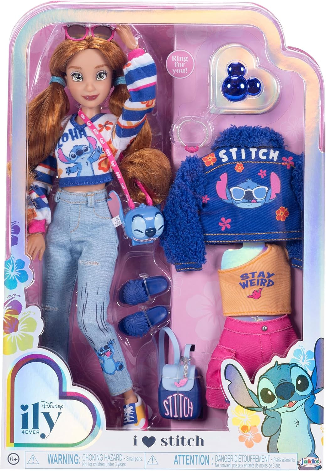 Disney ILY 4EVER Fashion Dolls Stitch z rudymi włosami, wysokość 11,5 cala, 13 punktów artykulacji, dwa kompletne stroje do mieszania i dopasowywania oraz błyszczący pierścionek Mickey dla Ciebie! Sklep z lalkami Naty