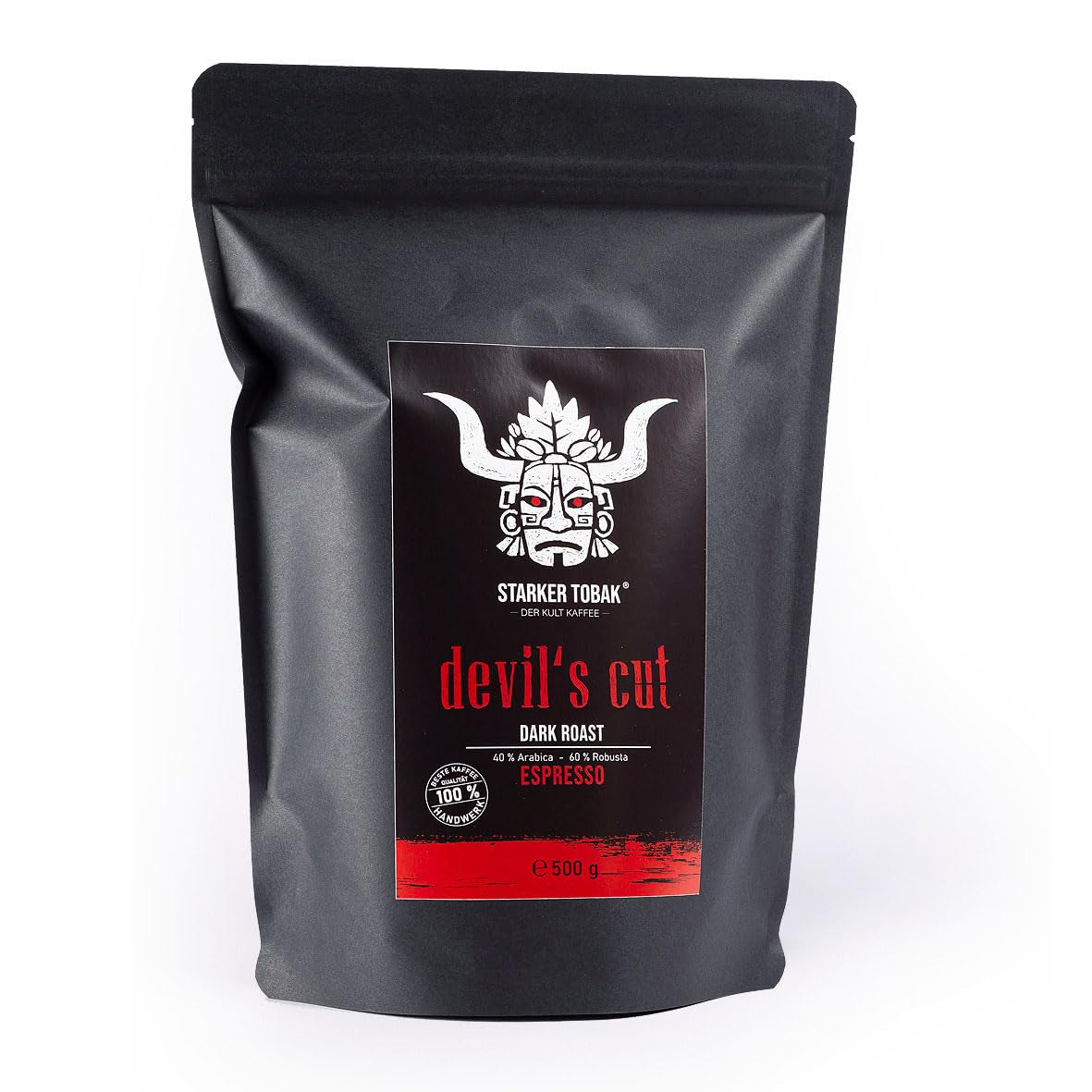 DEVIL'S CUT Espresso prăjit intens 500g, boabe întregi, 40% Arabica - 60% Robusta, proaspăt prăjit manual, aciditate subtilă - aromă puternică, ideal pentru Café Solo, Cortado, Galão, are gust de sărbătoare