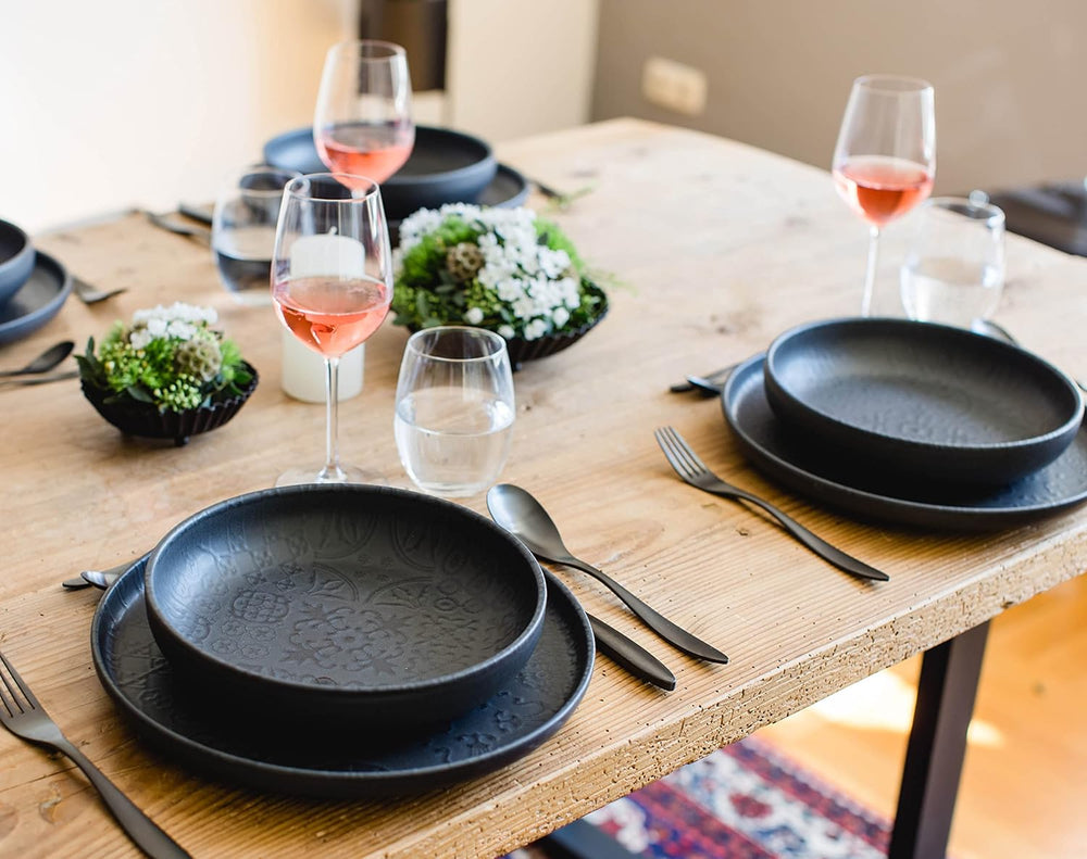 MÄSER 934064 Set de veselă vintage modern pentru 2 persoane, design maur cu glazură mată, serviciu de cină cu 8 piese, farfurii și boluri din ceramică de înaltă calitate, gresie, negru