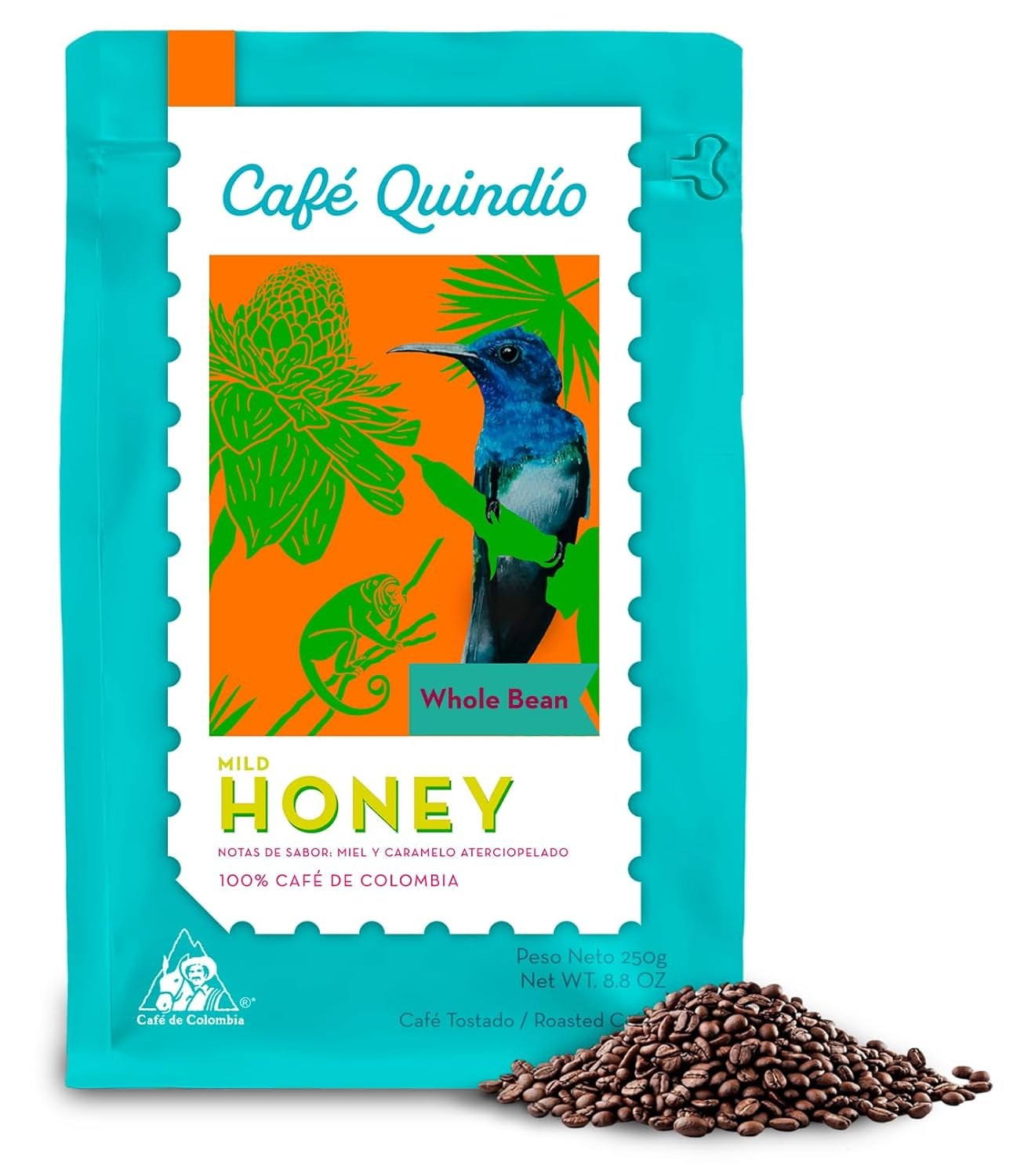 Cafe Quindio Specialty Coffee - boabe de cafea 100% Arabica, Columbia - cu note naturale de miere ușoară (250g) - ideală pentru cafea filtrată sau aparate portafilter