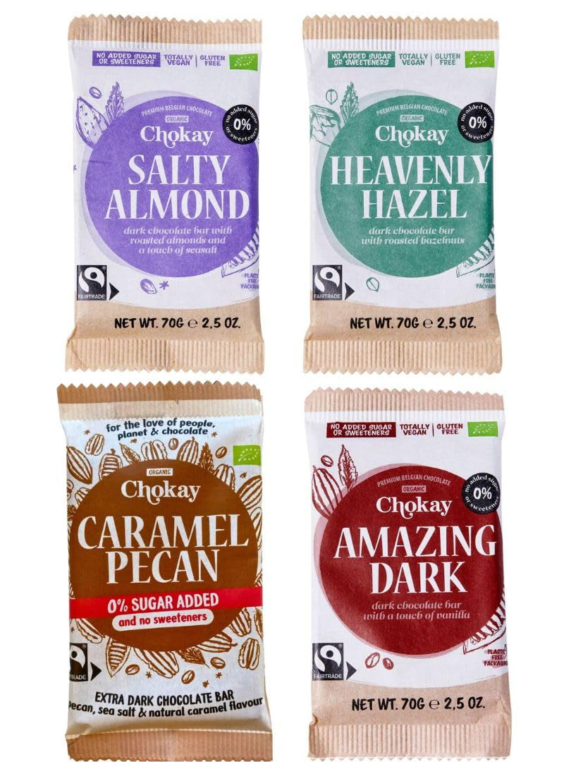 Organic Bar - 4-częściowy zestaw próbników/Amazing Black, orzech laskowy, karmel pekan, solony migdał/bez dodatku cukru, bez słodzików/WEGAŃSKI, BEZGLUTENOWY I SPRAWIEDLIWY HANDEL / 4 x 70g