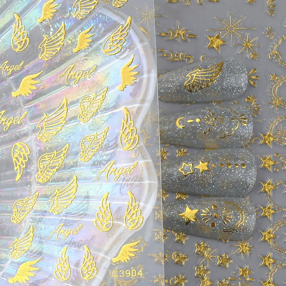 8 coli de autocolante pentru unghii cu stele și lună aurie, aripi de înger, autocolante pentru unghii bronzante, aurii, stele, folie de unghii, autocolante autoadezive pentru unghii, accesorii pentru design unghii, autocolante pentru unghii