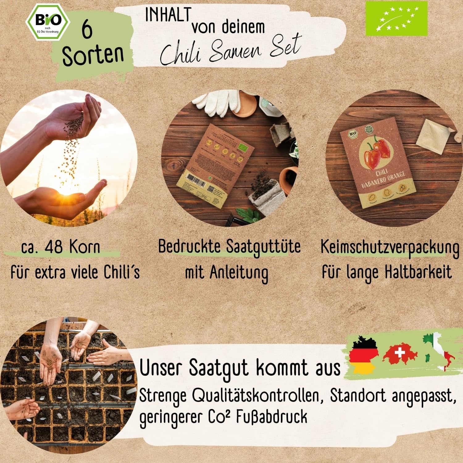 Organiczny zestaw nasion chili — 6 organicznych nasion chili, od łagodnego do wyjątkowo ostrego, bez zapylenia | od pikantnego Habanero po kolorowe i tradycyjne odmiany chili – Pepperoni Seeds