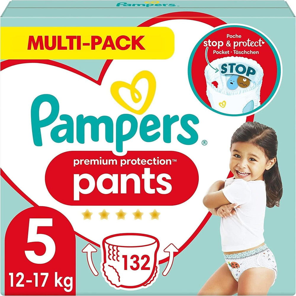 Pampers Baby Nappies Spodnie rozmiar 5 (12-17Kg) Premium Protection, Junior z kieszenią Stop and Protect, 144 pieluchy Majtki Matka i Dziecko Naty Shop 5 (132 szt.) Classic