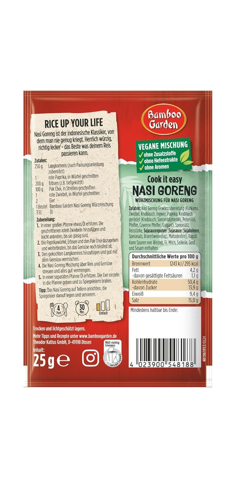 Ogród Bambusowy - Nasi Goreng Würzmischung | Zum Würzen von asiatischen Reisgerichten | Na 4 porcje | Wegańskie, ohne Zusatzstoffe, ohne Hefeextrakte, ohne Aromen | 25 g w torebce