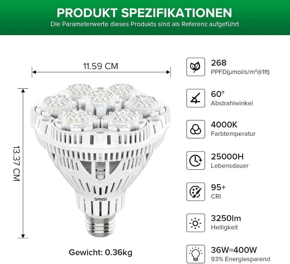 SANSI 36W Pełne spektrum E27 Roślina doniczkowa Oświetlenie LED do uprawy Wysokie PPFD Lampy do uprawy do szklarni Ogród Kwiat Hydroponika Warzywo Rozmiar Ø11,5 * 13,3 cm